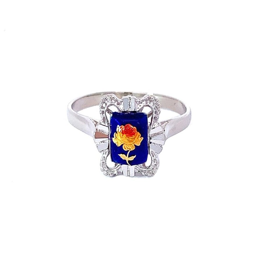 Jewelry ESTATE JEWELRY | 14Kw Gold Blue Floral Enamel V