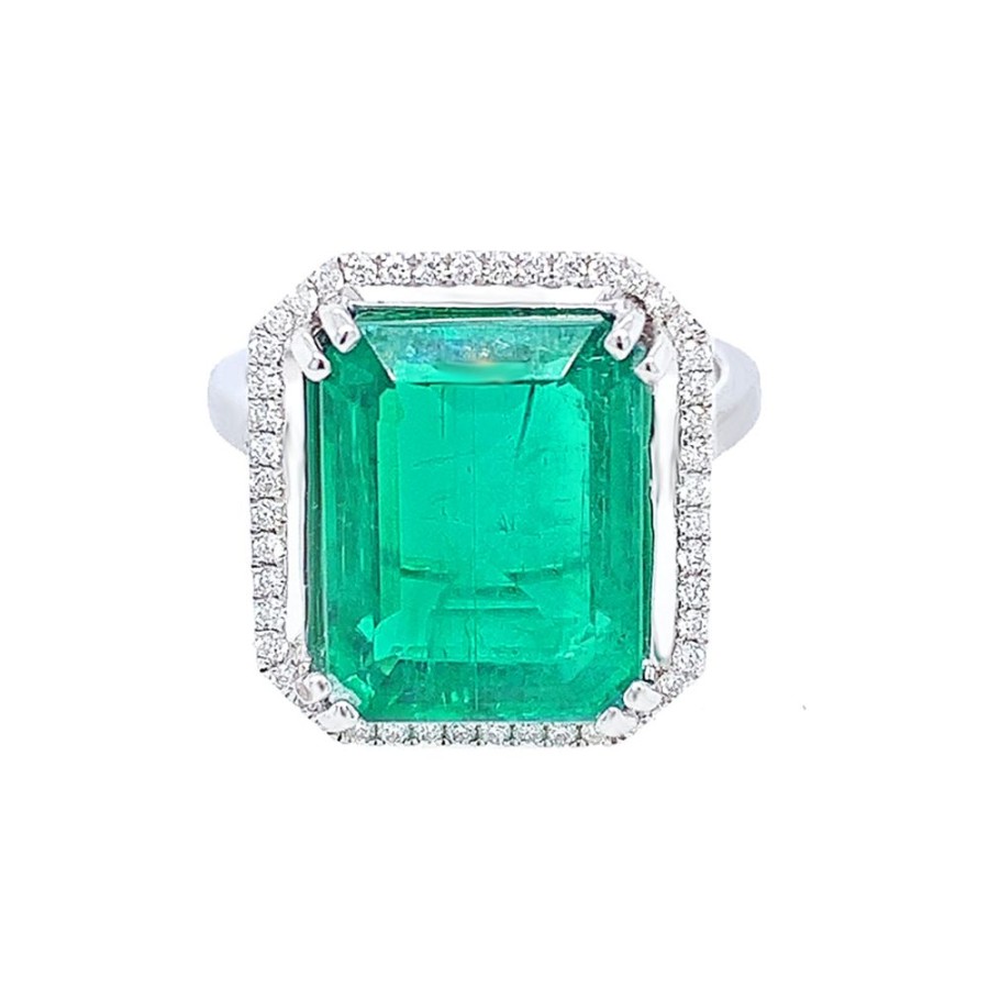 Jewelry COLOR GEMS INC | Emerald-Cut Emerald Halo Ring