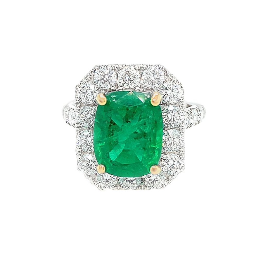 Jewelry COLOR GEMS INC | 4Ct Cushion Emerald Halo Ring