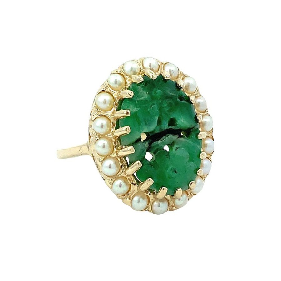 Jewelry ESTATE JEWELRY | Vintage Carved Jade & Pearl Ring